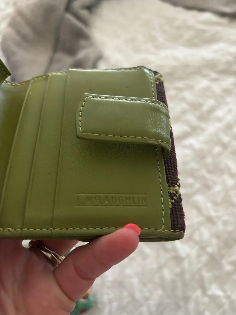 Brown and Green Textured Needlepoint Bifold Wallet